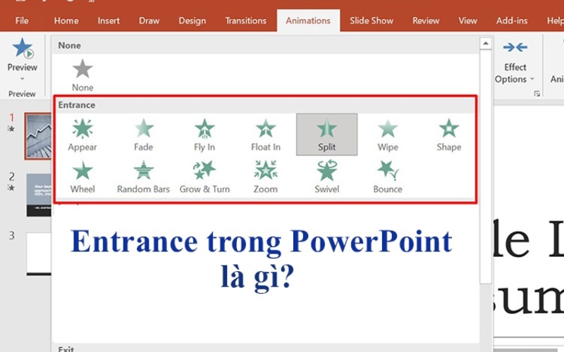 Thẻ Entrance animations trong PowerPoint